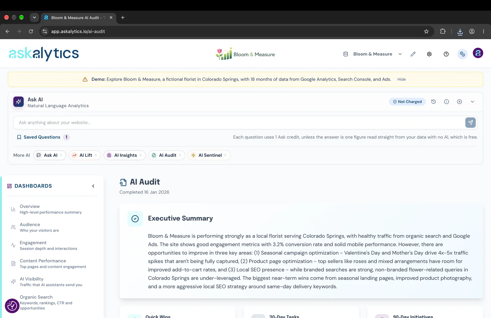 The Askalytics AI Audit page, showing a summary of the demo store's performance and a plan of quick wins, 30-day tasks and 90-day projects.