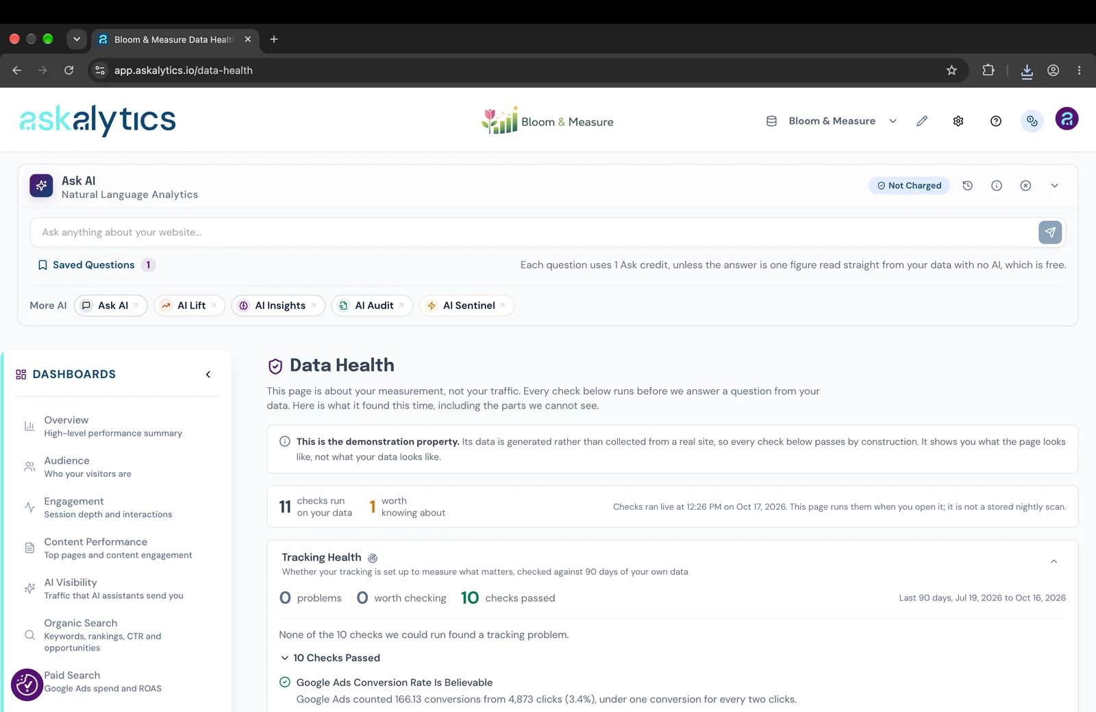The Askalytics Data Health page for the Bloom & Measure demo store, showing 11 checks run and the Tracking Health card with 0 problems and 10 checks passed over the last 90 days.