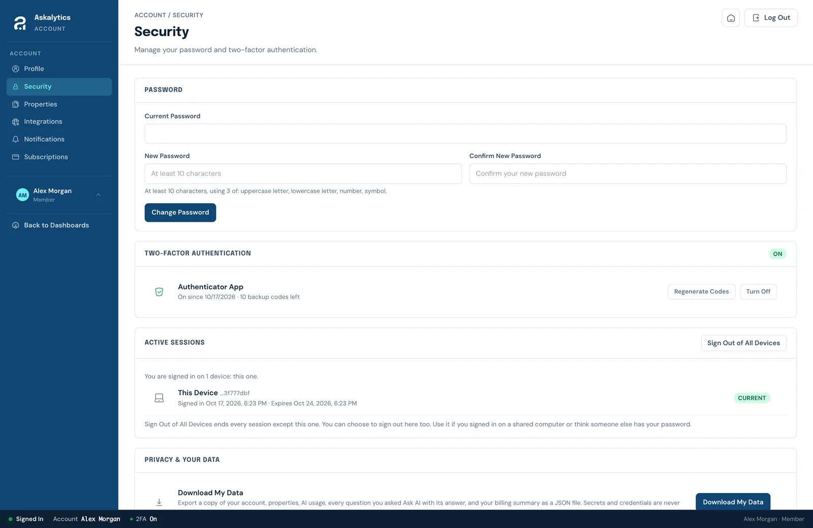The Askalytics Security page, with password change, two-factor authentication turned on with an authenticator app, one active session and a Download My Data button.